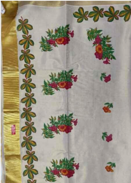 Women's Kuthampully Kerala Kasavu Saree Tissue Mural Painted with Running Blouse